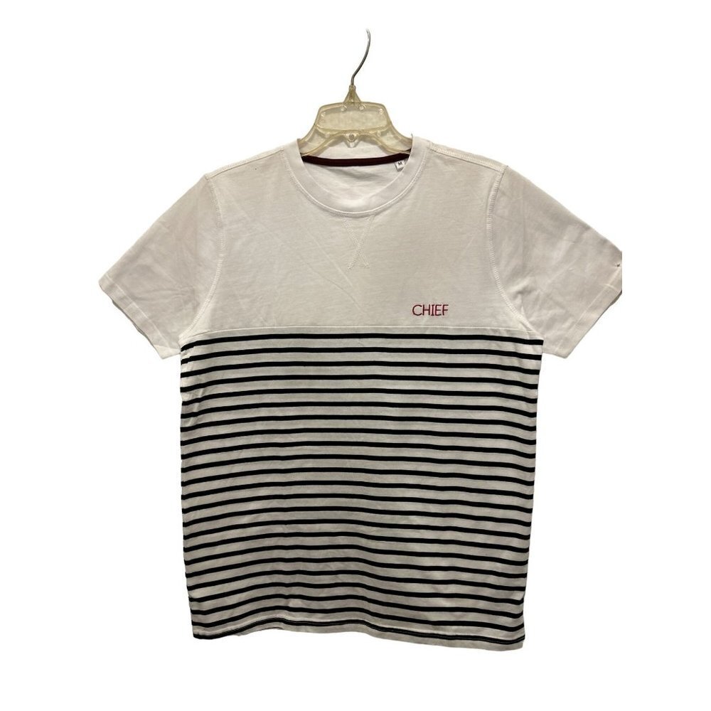 UNISEX Med Cotton CHIEF Embroidered T-Shirt Tee White Black Stripes